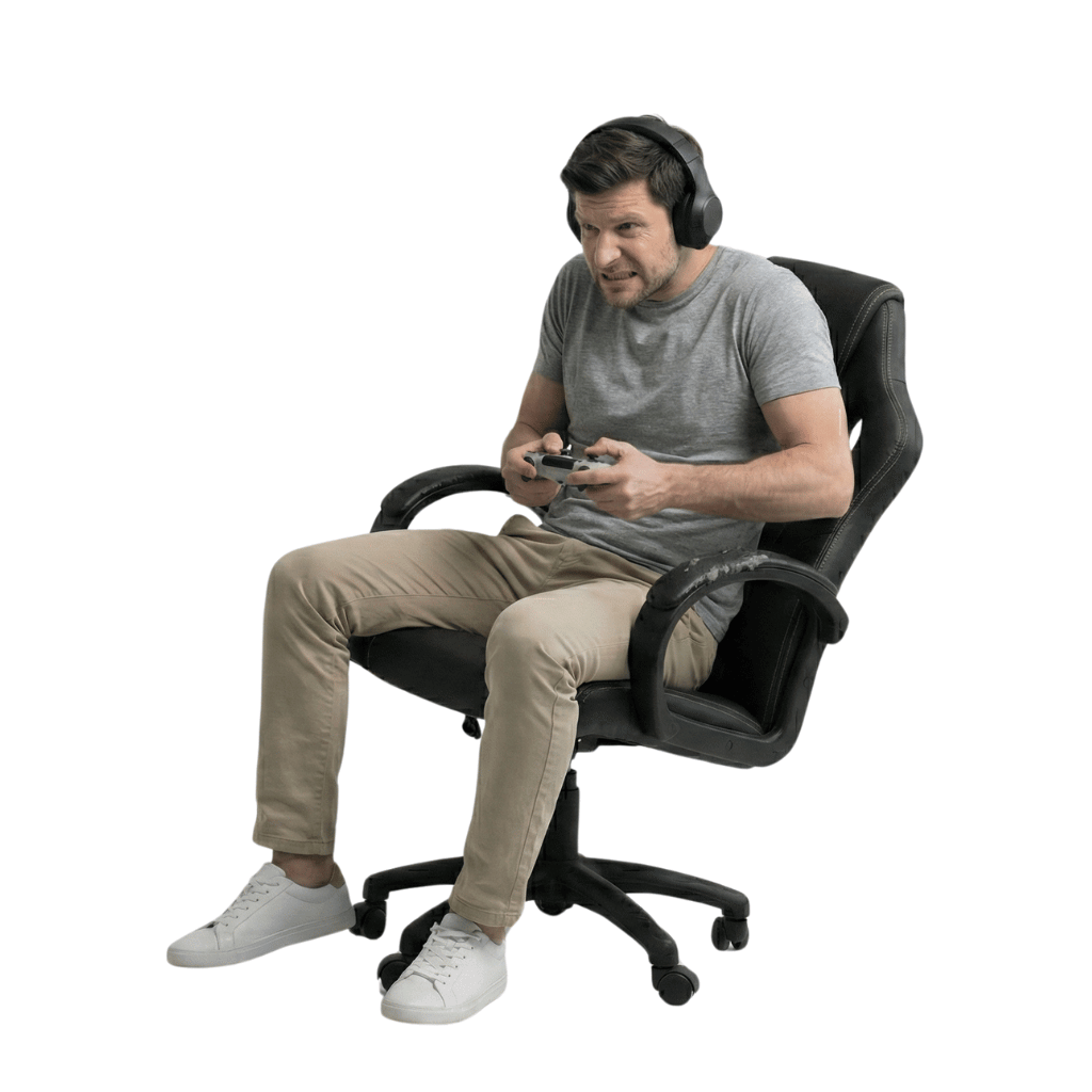 Ein Mann sitzt auf einem total wackeligen Gaming Stuhl und kann dadurch nicht konzentriert zocken